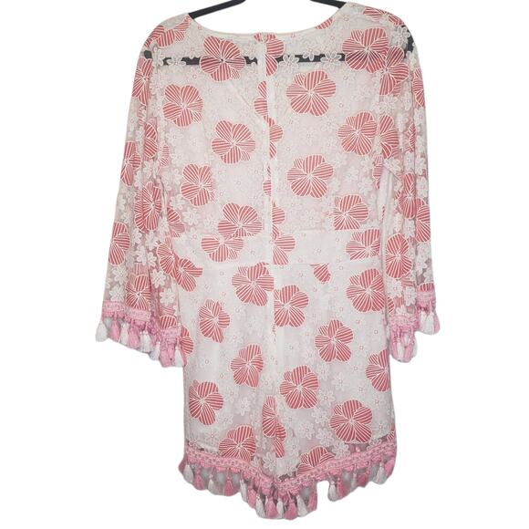 Entro Pink FLoral Bell Sleeved Tassels Sheer Romper Jumpsuit sz Large - Picture 3 of 7